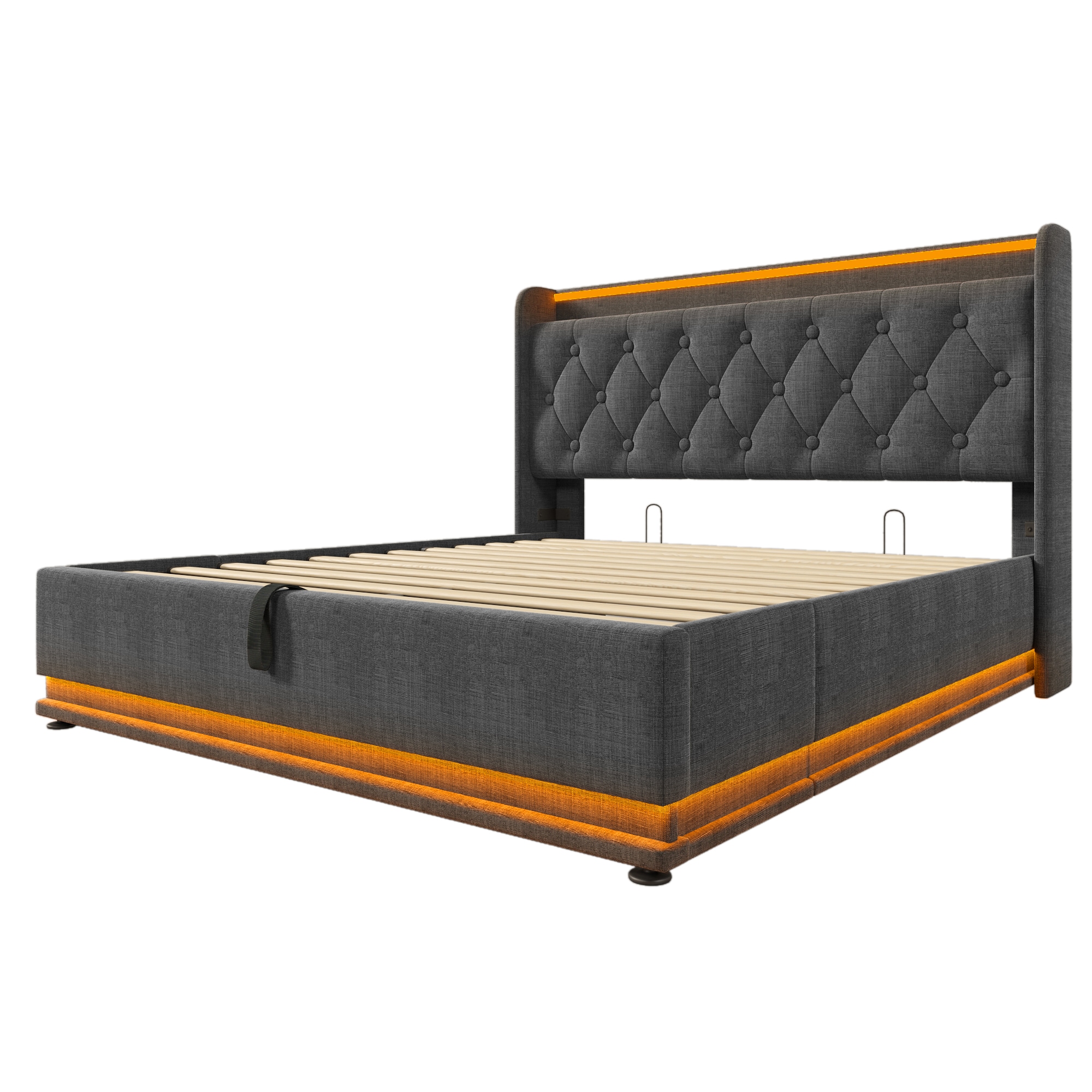 SINOFURN Full Gray Tufted Bed Frame Storage with Headboard