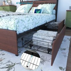 GZMR King Brown Metal Bed Frame Storage with Headboard