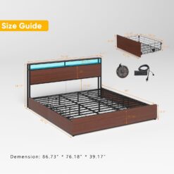 GZMR King Brown Metal Bed Frame Storage with Headboard