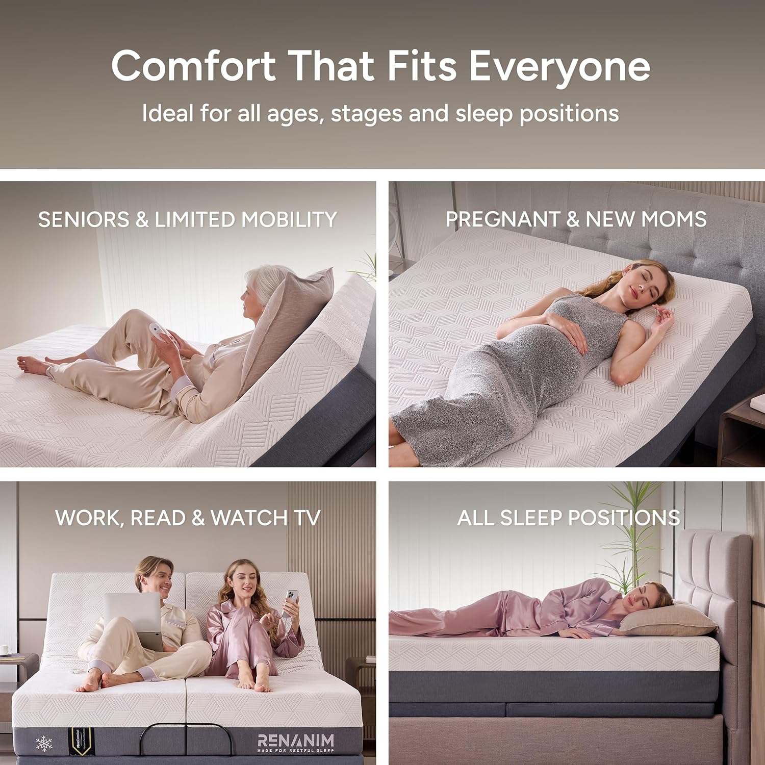 Renanim SF Full Adjustable Bed Frame with Massage Wireless Remote - USB Ports - UnderBed Light - Zero Gravity Electric Bed