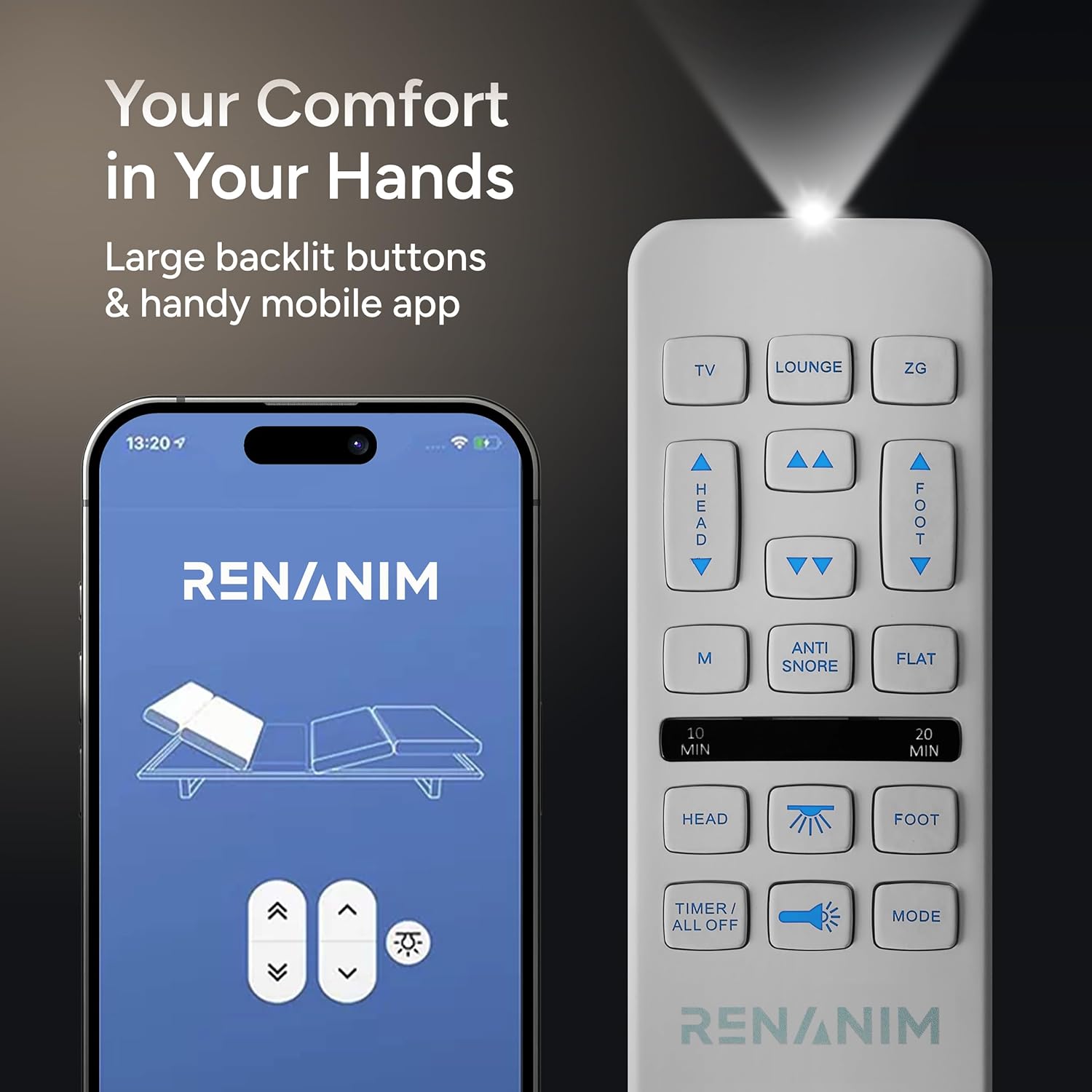Renanim SF Queen Adjustable Bed Frame with Massage Wireless Remote - USB Ports - UnderBed Light - Zero Gravity Electric Bed