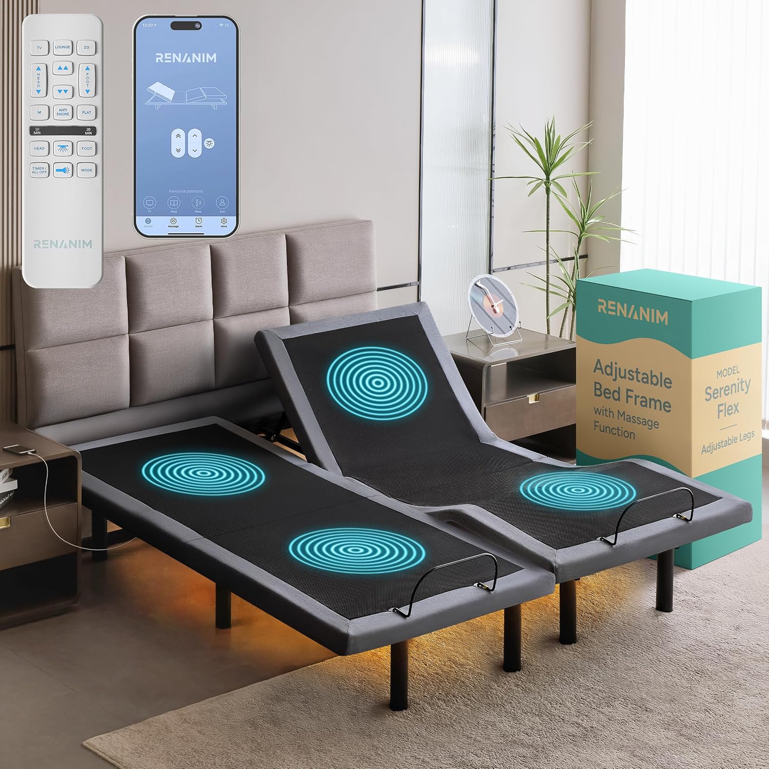 Renanim SF Split King Adjustable Bed Frame with Massage Wireless Remote - USB Ports - UnderBed Light - Zero Gravity Electric Bed