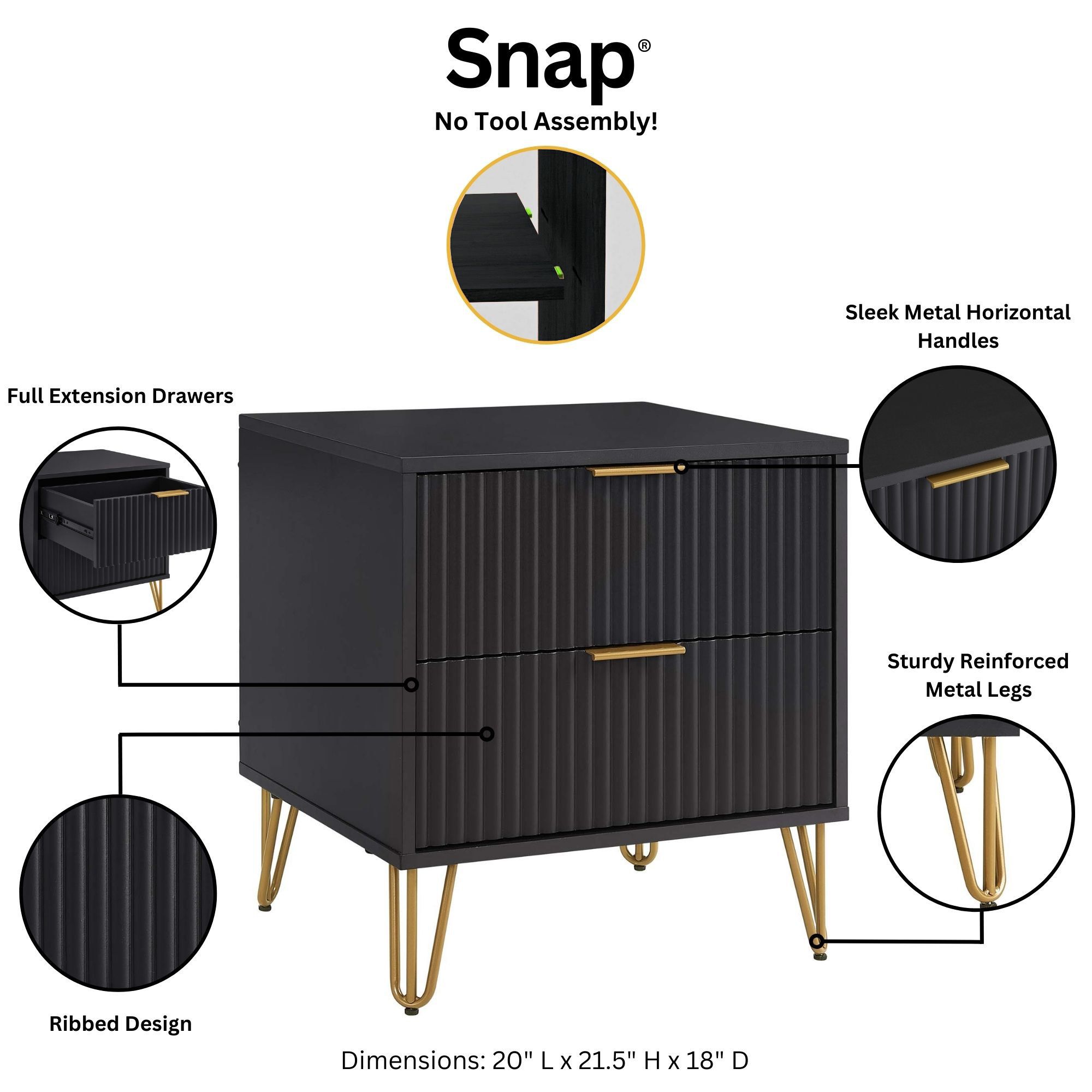 Manhattan Comfort Black 2 -Drawer 20.07-in W x 21.65-in H Modern Nightstand