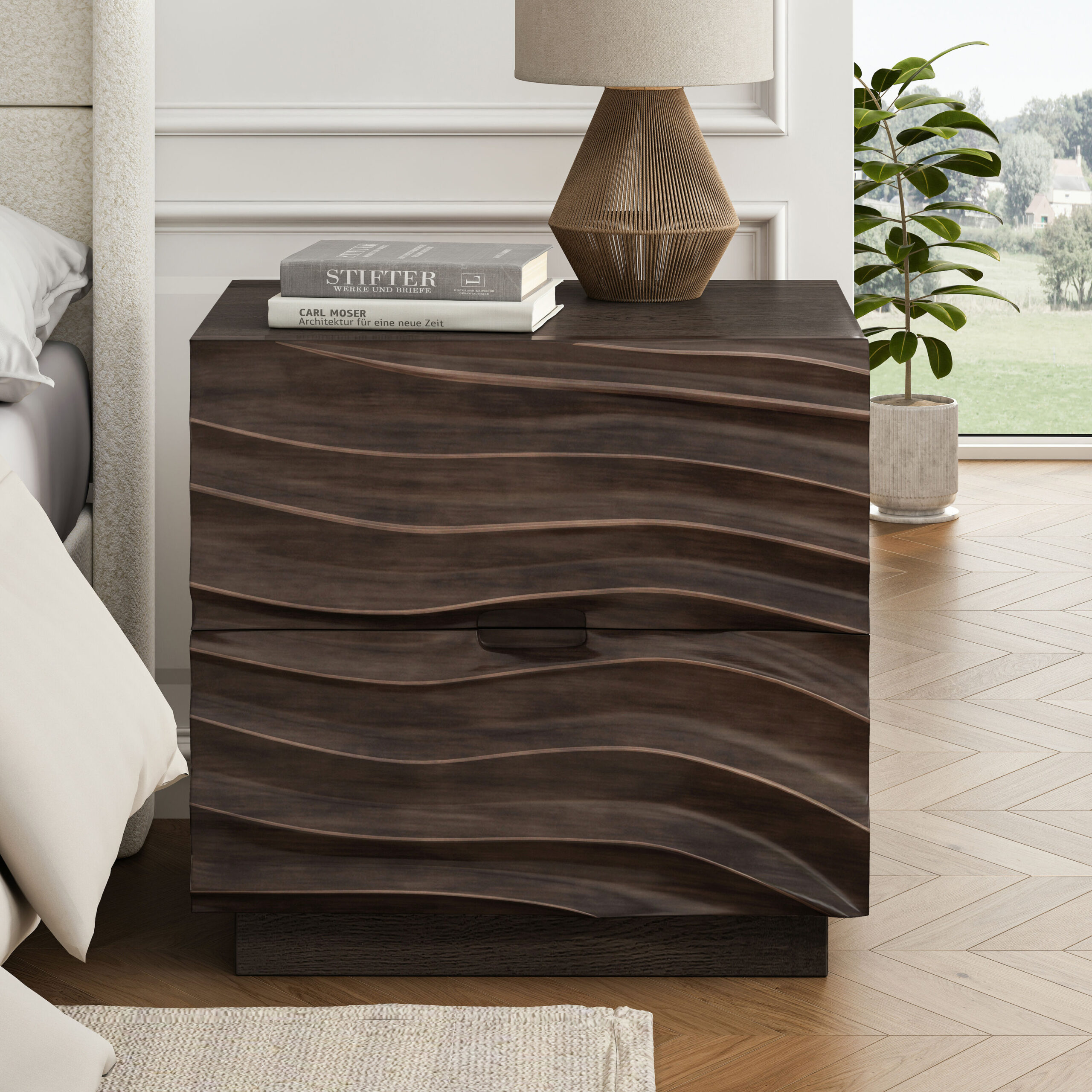 LUXEYARD Solid Wood Nightstands Set of 2 Bedside Table with 2 Drawers No Handles Sofa End Table for Living Room Bedrooms Brown