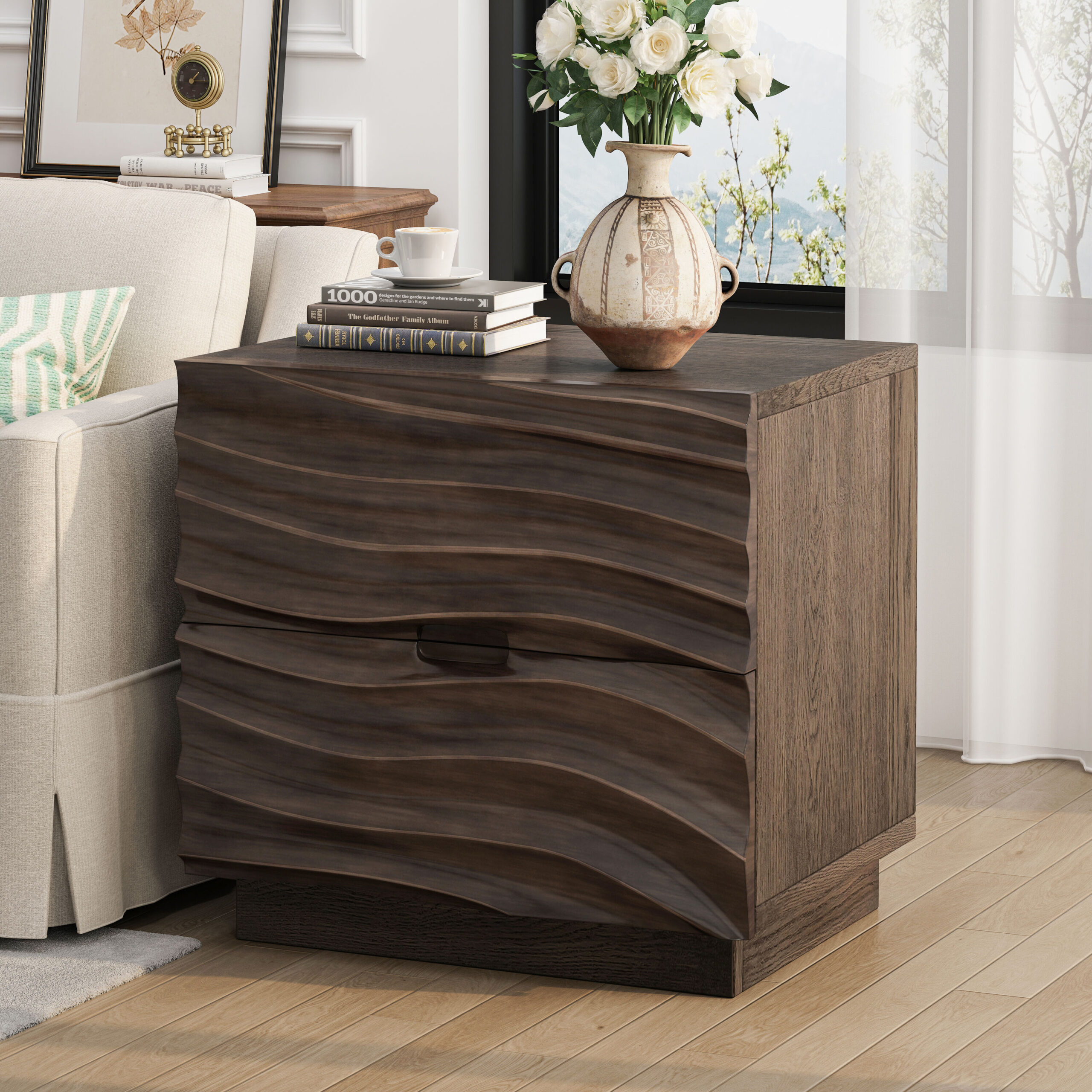 LUXEYARD Solid Wood Nightstands Set of 2 Bedside Table with 2 Drawers No Handles Sofa End Table for Living Room Bedrooms Brown