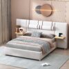 ModernLuxe Queen Size Upholstered Platform Bed Two Outlets and USB Charging Ports on Both Sides Two Bedside Pillows Storage ShelvesVelvet Beige