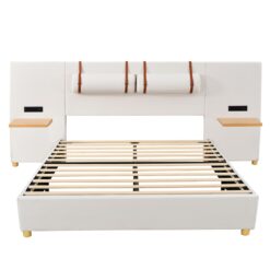 ModernLuxe Queen Size Upholstered Platform Bed Two Outlets and USB Charging Ports on Both Sides Two Bedside Pillows Storage ShelvesVelvet Beige