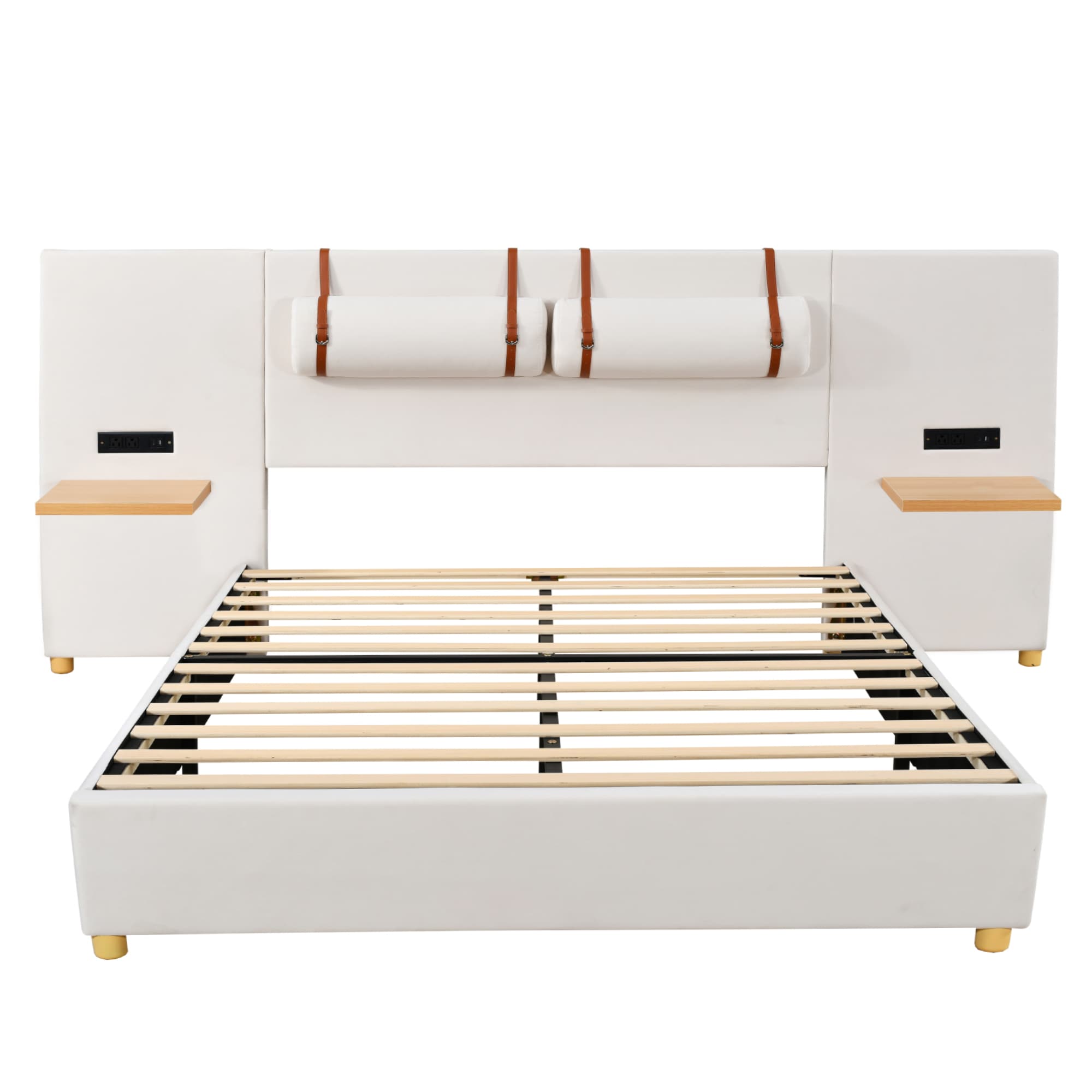 ModernLuxe Queen Size Upholstered Platform Bed Two Outlets and USB Charging Ports on Both Sides Two Bedside Pillows Storage ShelvesVelvet Beige