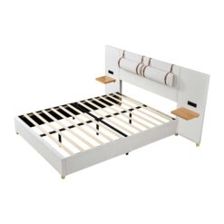 ModernLuxe Queen Size Upholstered Platform Bed Two Outlets and USB Charging Ports on Both Sides Two Bedside Pillows Storage ShelvesVelvet Beige