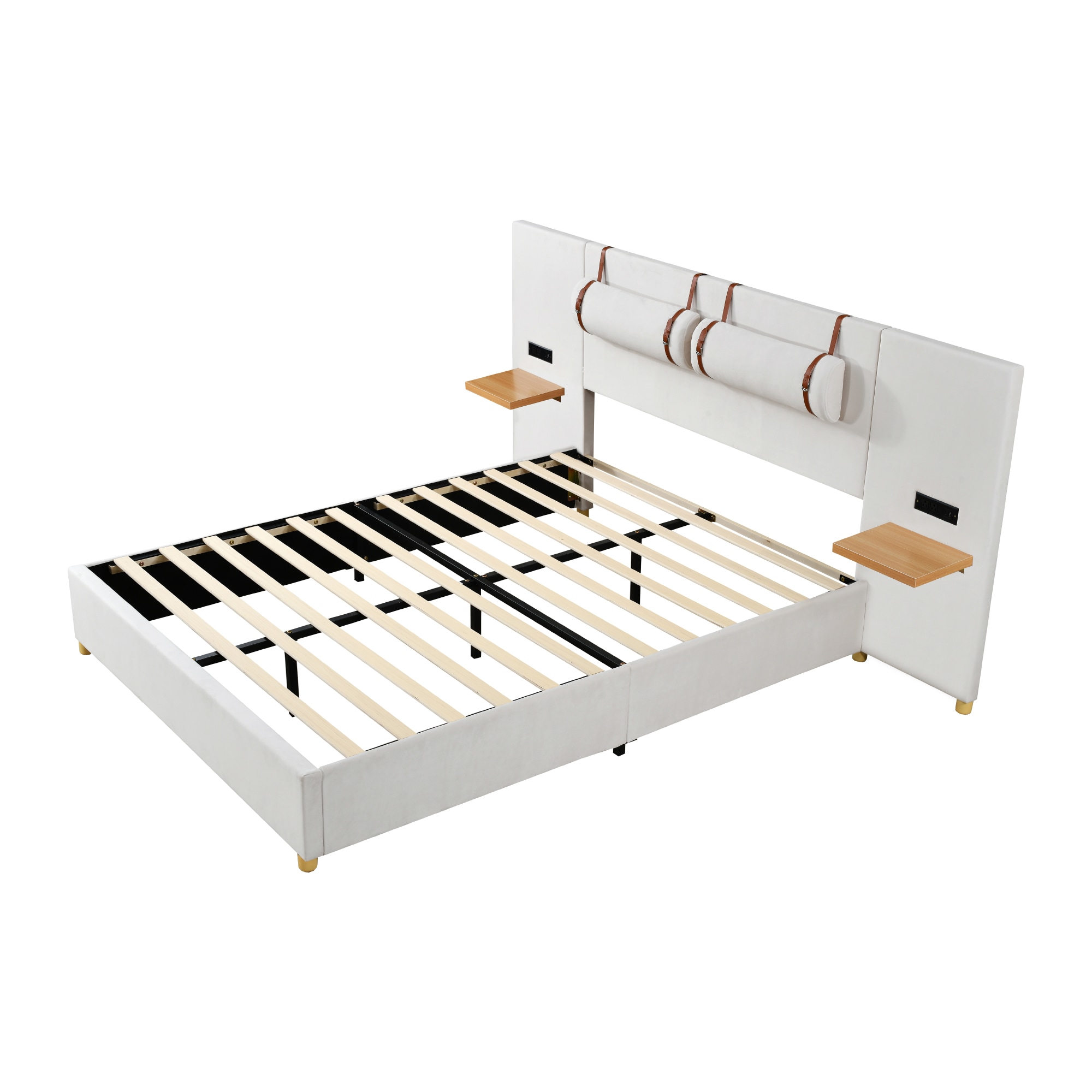 ModernLuxe Queen Size Upholstered Platform Bed Two Outlets and USB Charging Ports on Both Sides Two Bedside Pillows Storage ShelvesVelvet Beige