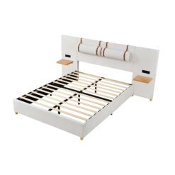 ModernLuxe Queen Size Upholstered Platform Bed Two Outlets and USB Charging Ports on Both Sides Two Bedside Pillows Storage ShelvesVelvet Beige