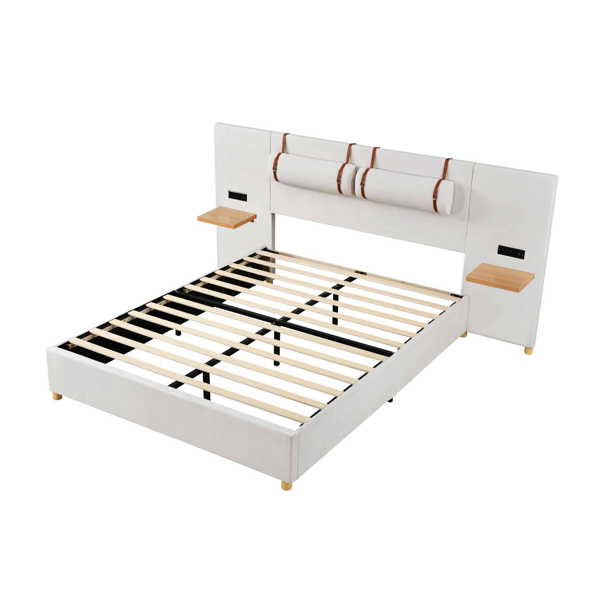 ModernLuxe Queen Size Upholstered Platform Bed Two Outlets and USB Charging Ports on Both Sides Two Bedside Pillows Storage ShelvesVelvet Beige