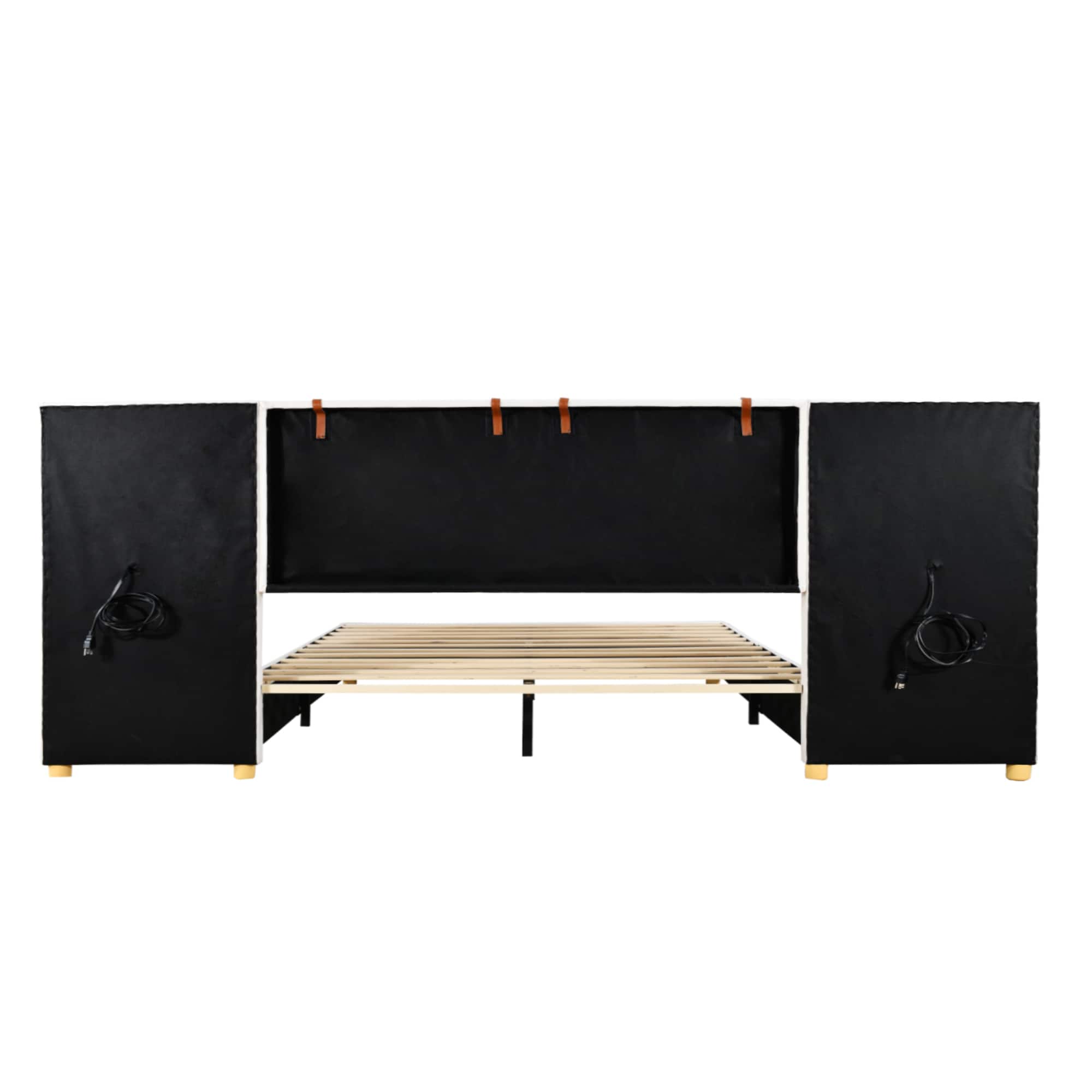 ModernLuxe Queen Size Upholstered Platform Bed Two Outlets and USB Charging Ports on Both Sides Two Bedside Pillows Storage ShelvesVelvet Beige