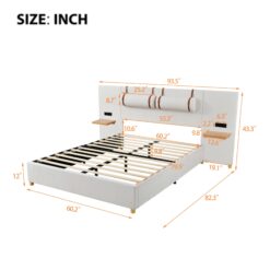 ModernLuxe Queen Size Upholstered Platform Bed Two Outlets and USB Charging Ports on Both Sides Two Bedside Pillows Storage ShelvesVelvet Beige