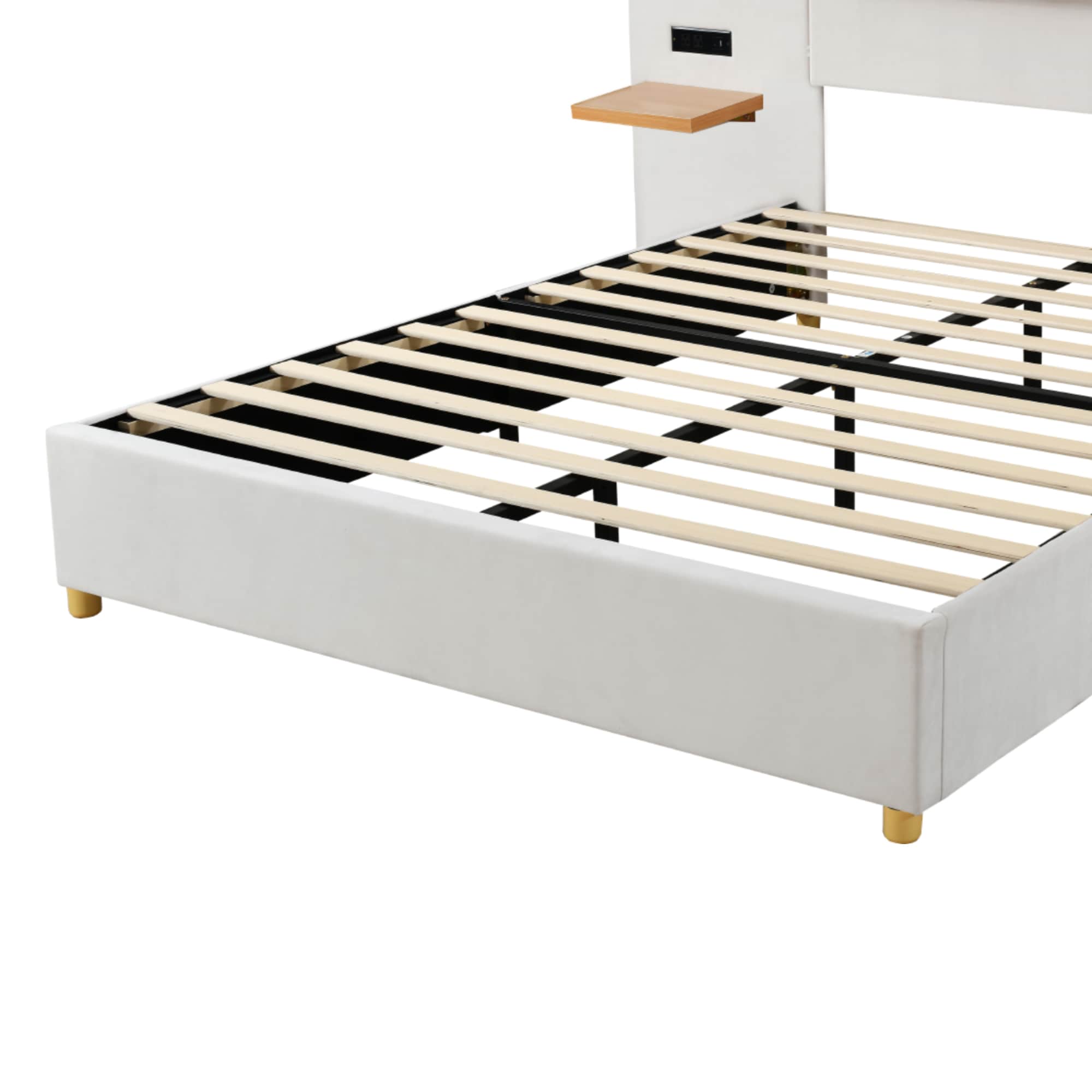ModernLuxe Queen Size Upholstered Platform Bed Two Outlets and USB Charging Ports on Both Sides Two Bedside Pillows Storage ShelvesVelvet Beige