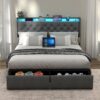GZMR Queen Gray Metal Bed Frame Storage with Headboard