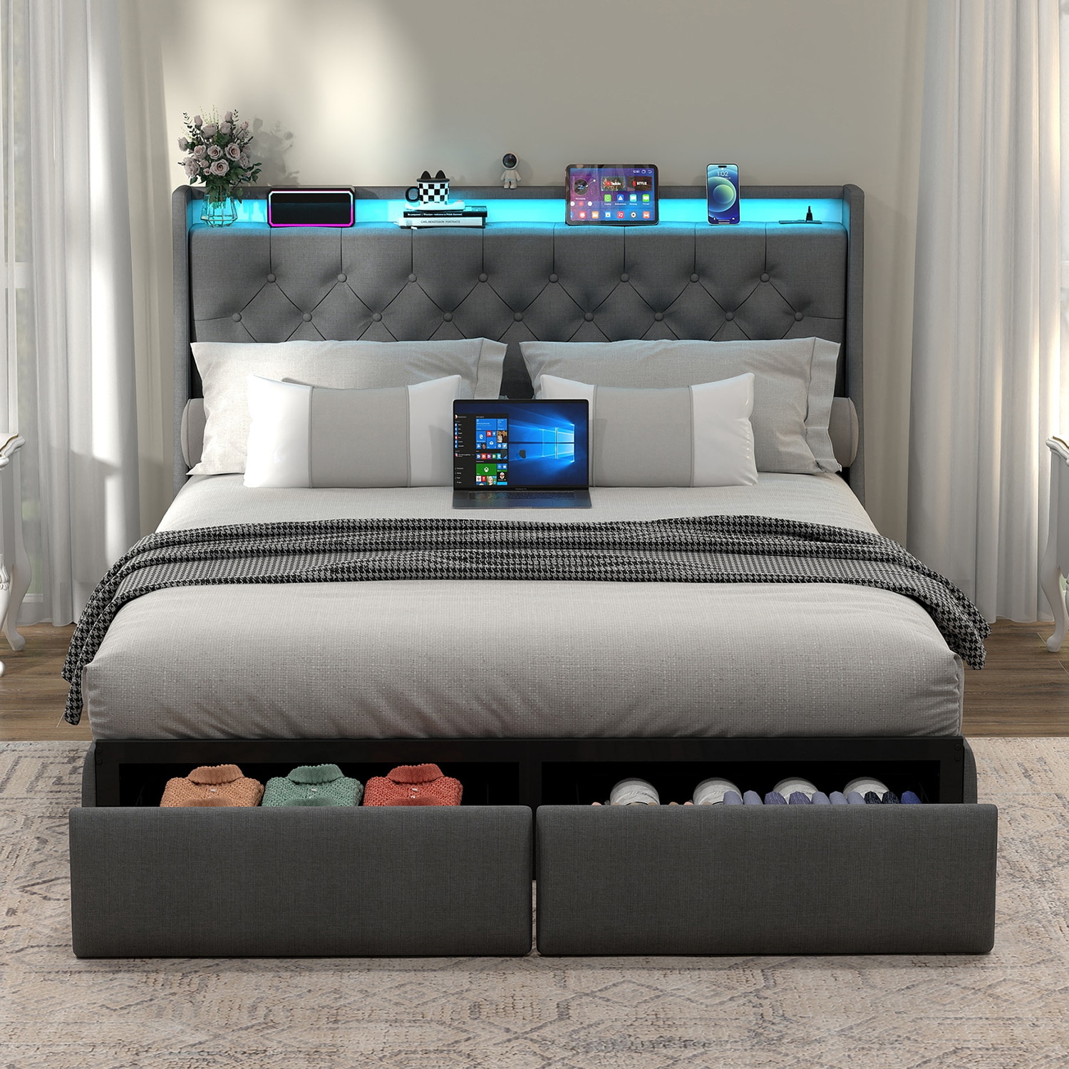 GZMR Queen Gray Metal Bed Frame Storage with Headboard
