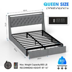 GZMR Queen Gray Metal Bed Frame Storage with Headboard