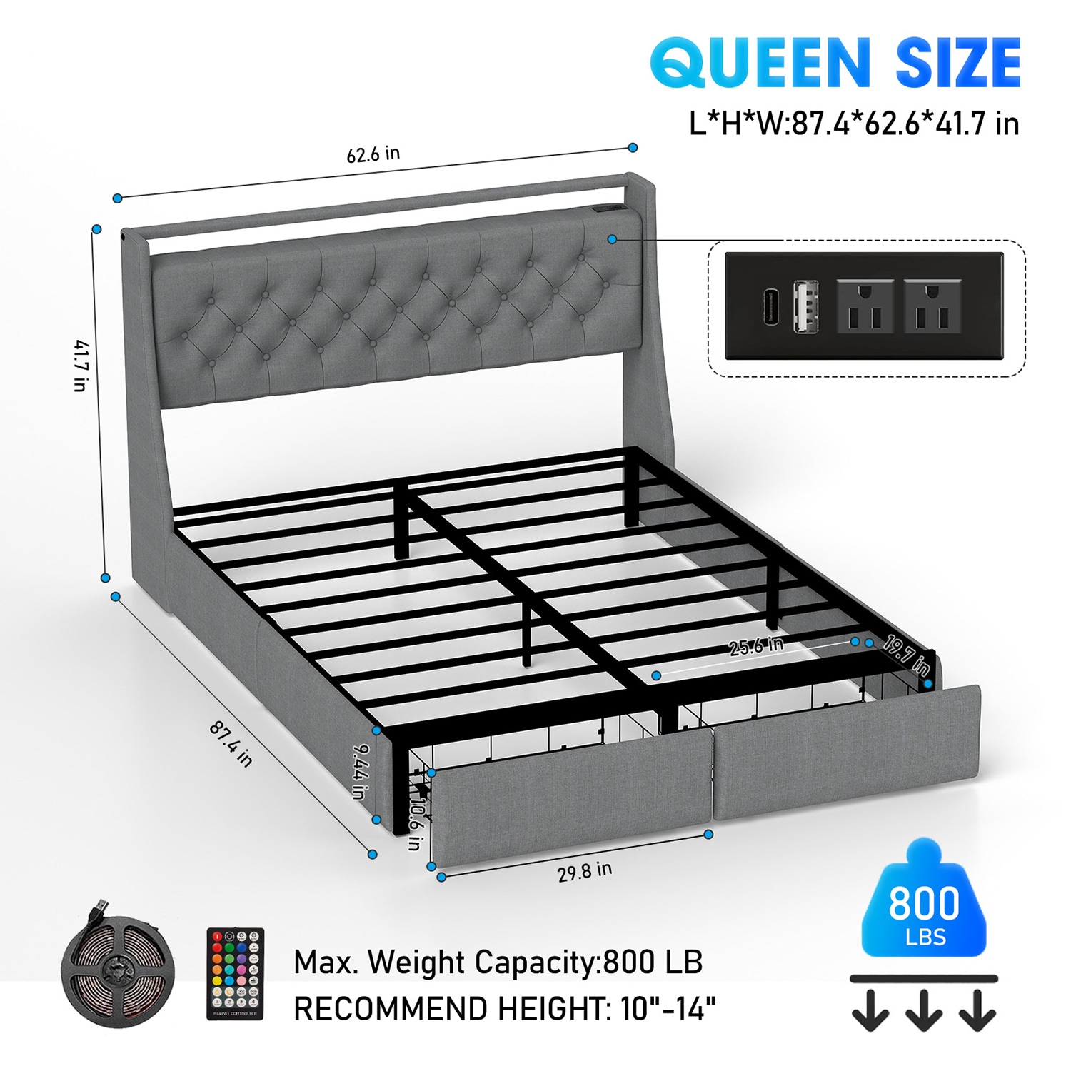 GZMR Queen Gray Metal Bed Frame Storage with Headboard