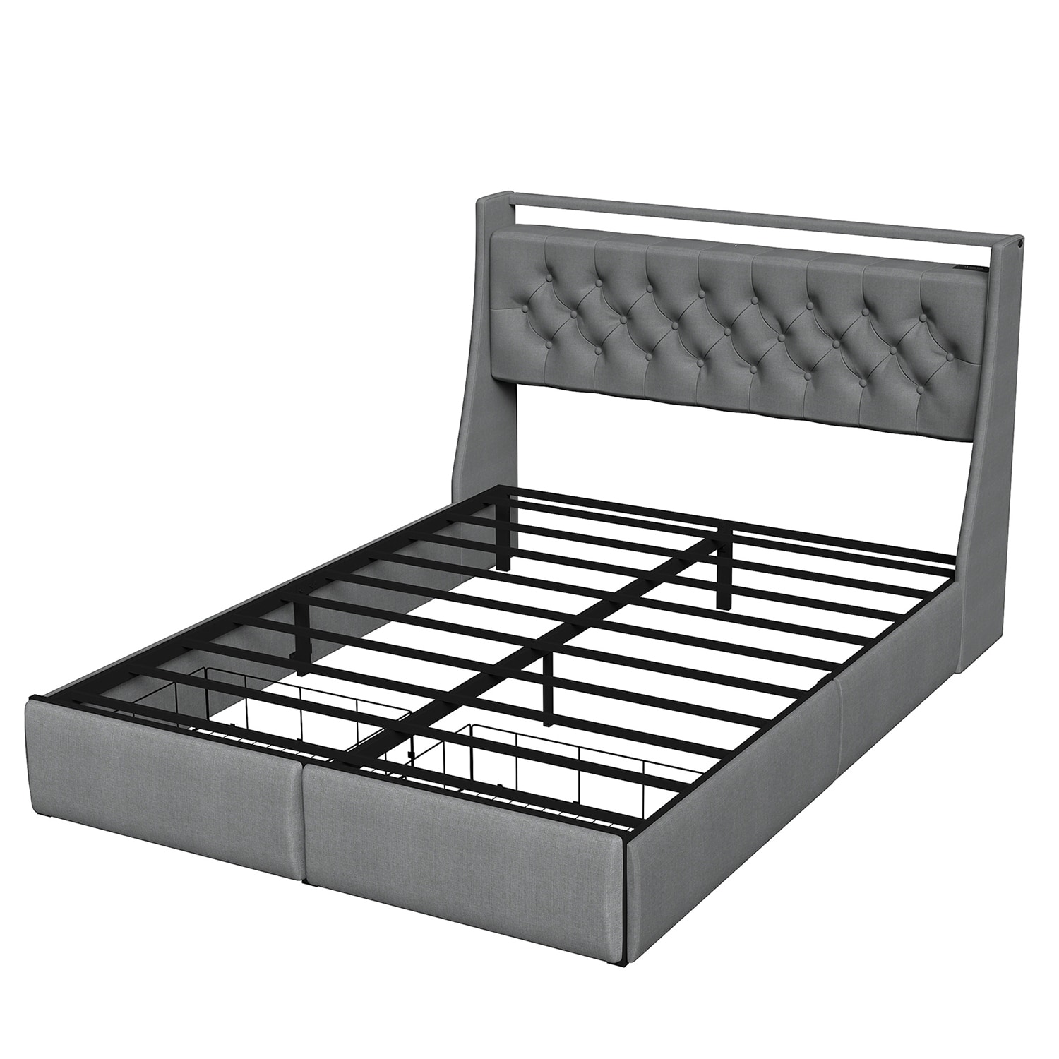 GZMR Queen Gray Metal Bed Frame Storage with Headboard