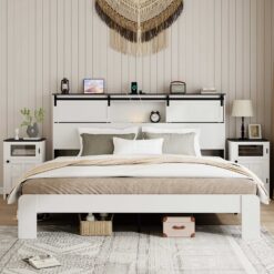GZMR King White Bed Frame with Headboard