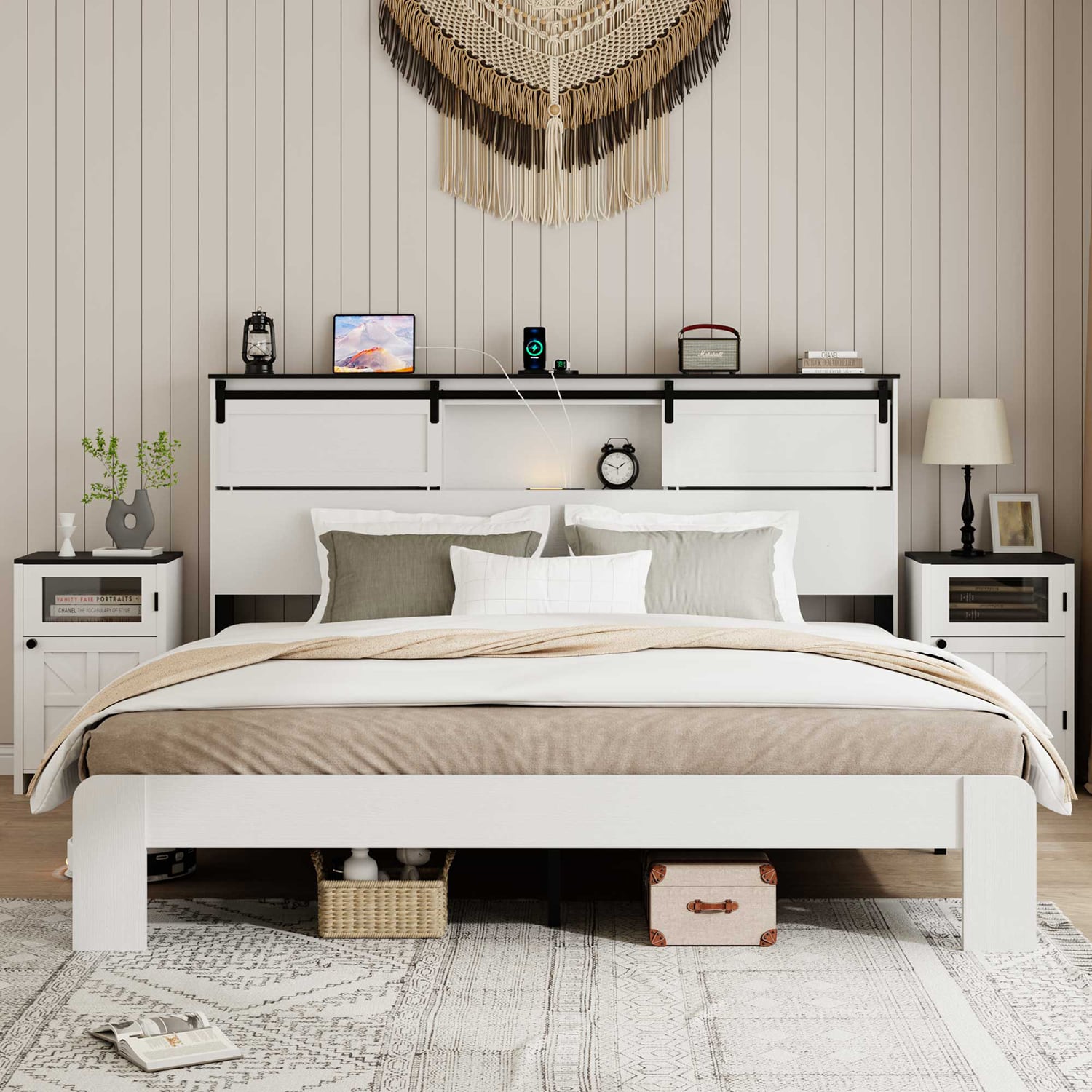 GZMR King White Bed Frame with Headboard