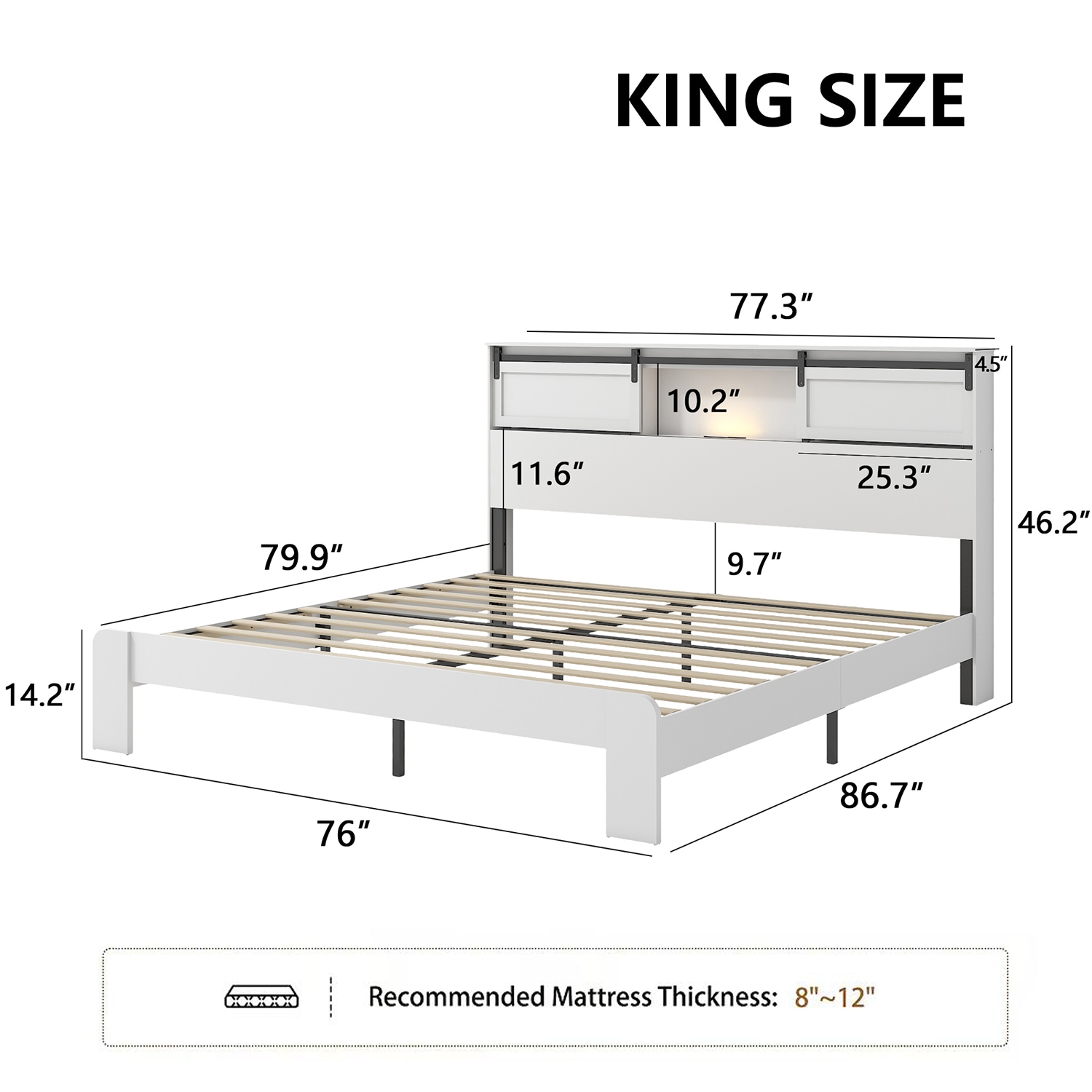 GZMR King White Bed Frame with Headboard