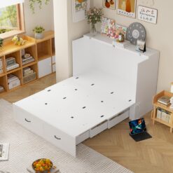 Homsee Multi-Functional 2-in-1 Murphy Bed Queen Size Bed Frame with Built-in Power Strip 3 Drawers Foldable Platform Bed 81.5''L x 61.8''W x 43.9''H White