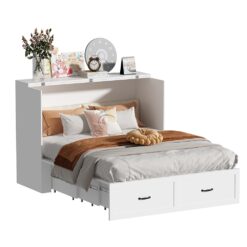 Homsee Multi-Functional 2-in-1 Murphy Bed Queen Size Bed Frame with Built-in Power Strip 3 Drawers Foldable Platform Bed 81.5''L x 61.8''W x 43.9''H White