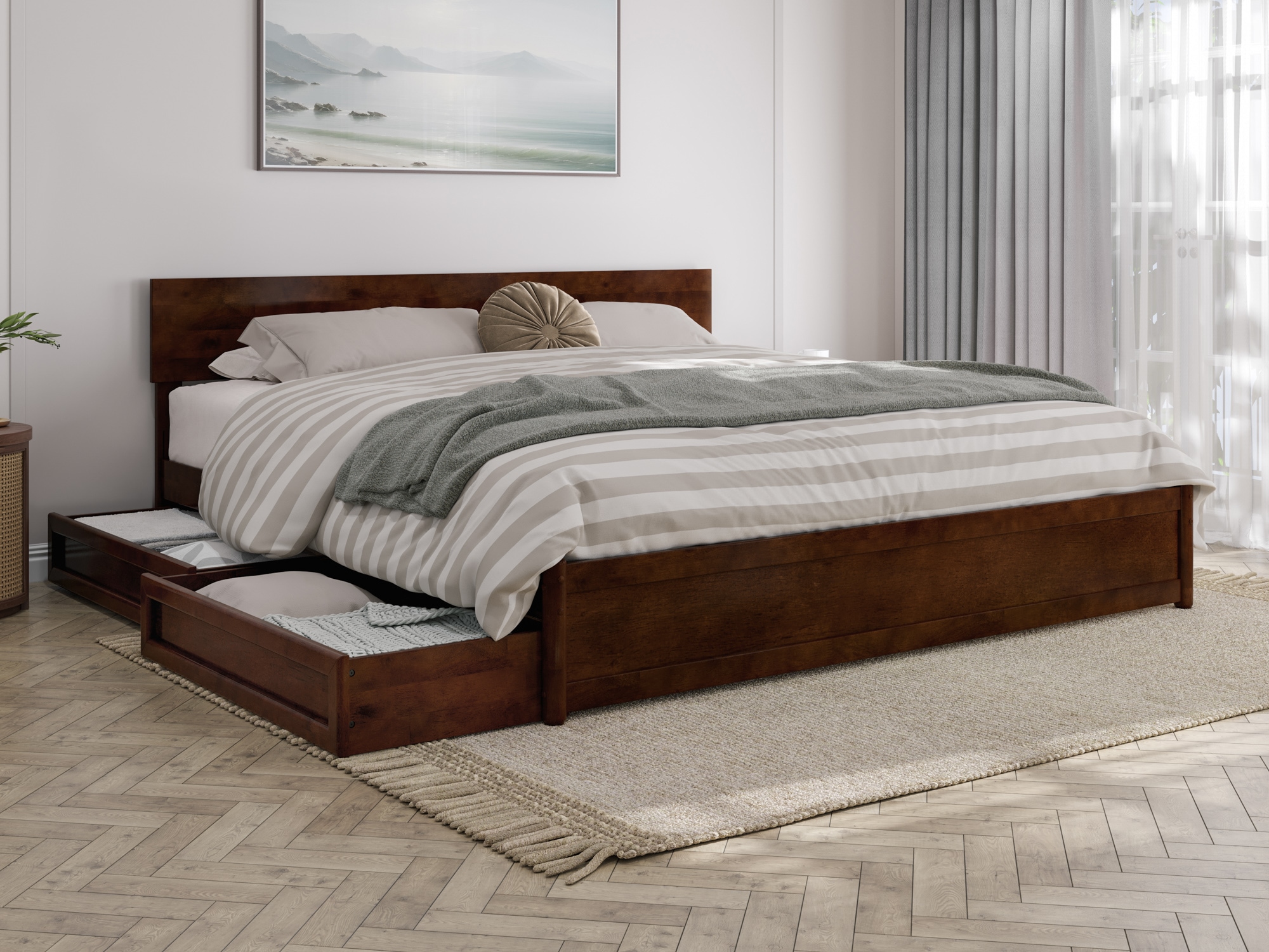 AFI King Walnut Wood Platform Bed Storage with Headboard