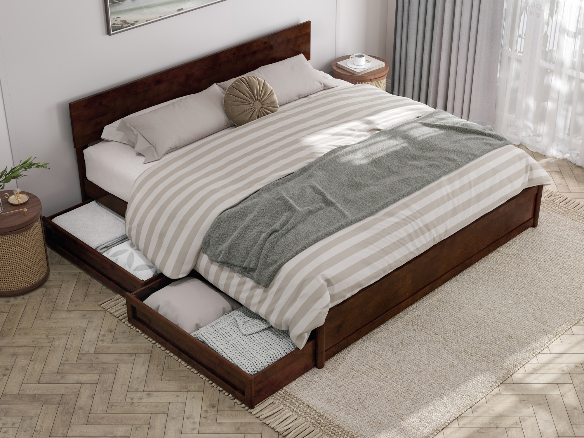 AFI King Walnut Wood Platform Bed Storage with Headboard