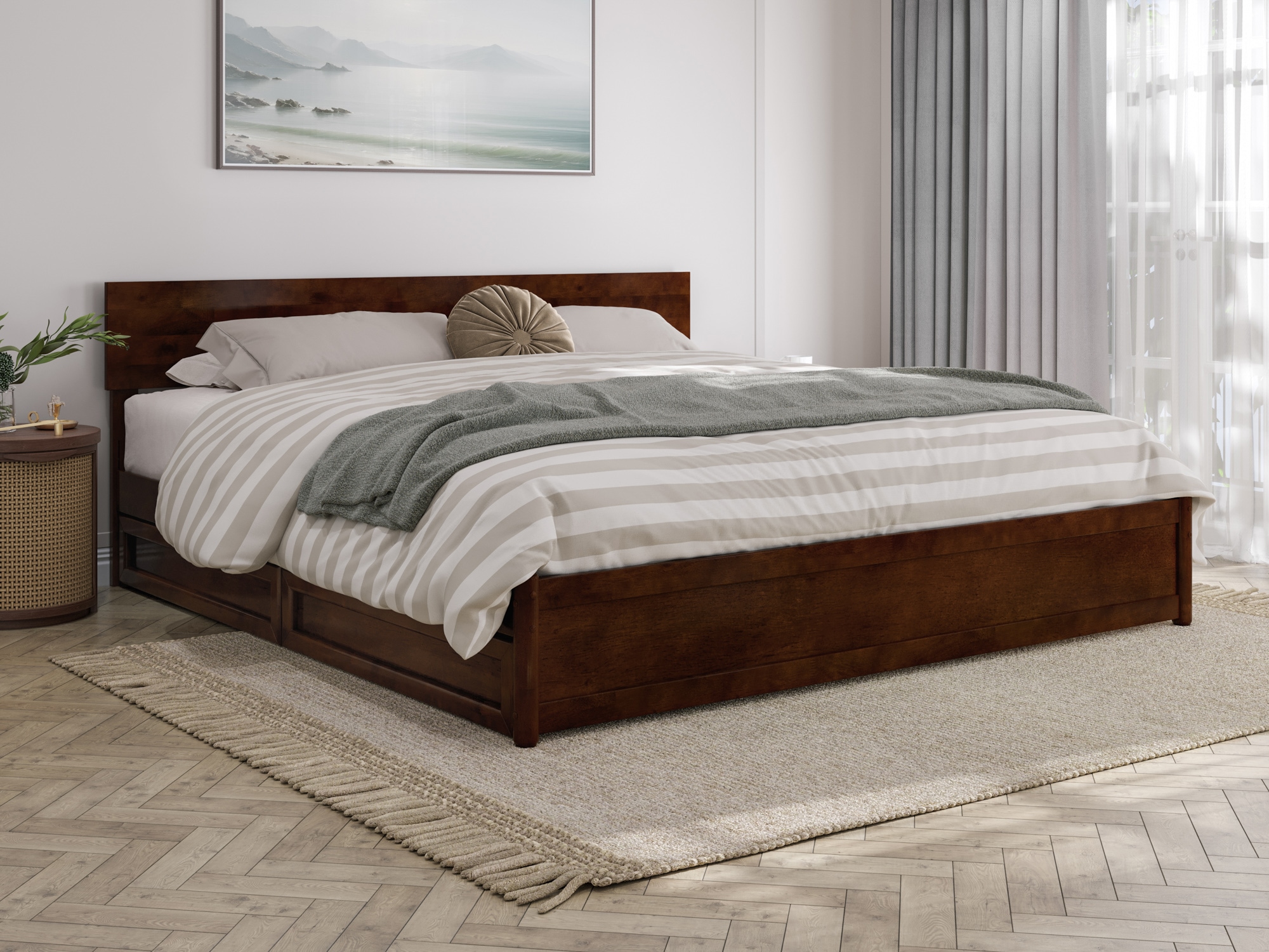 AFI King Walnut Wood Platform Bed Storage with Headboard