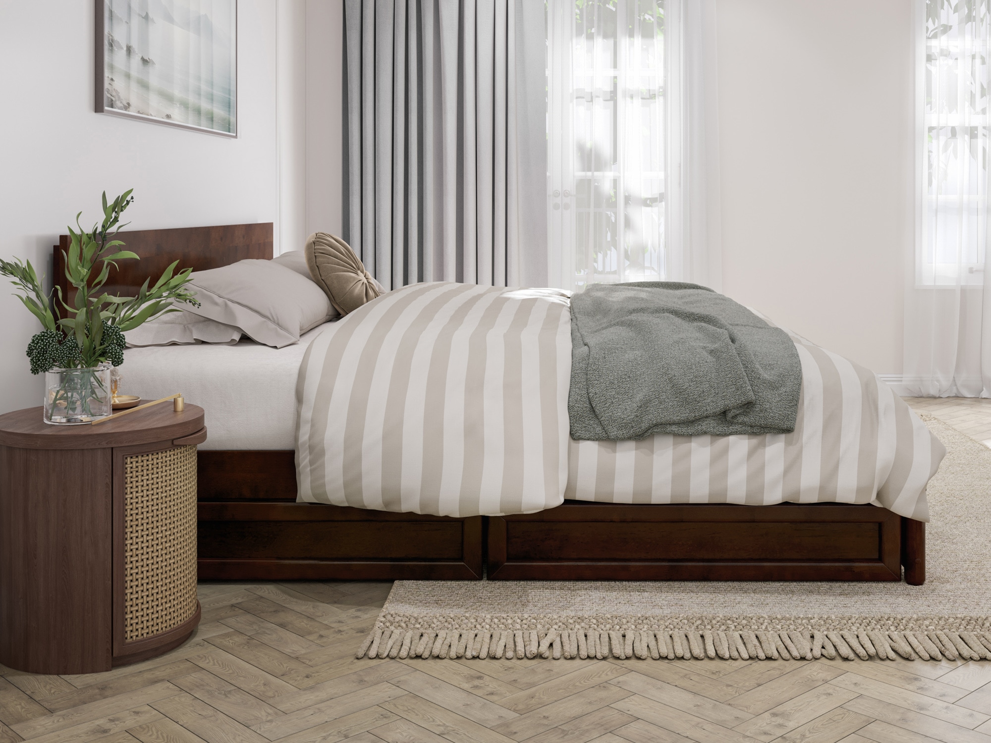 AFI King Walnut Wood Platform Bed Storage with Headboard
