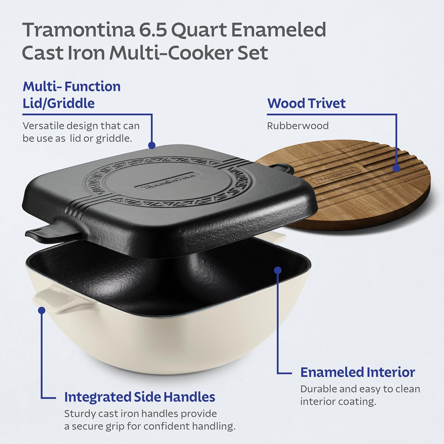 Tramontina Cultura 2-in-1 Enameled Cast Iron Dutch Oven Pot with Reversible Lid Griddle and Trivet, Oven Safe 6.5-Quart Multi-Cooker, Gardenia White