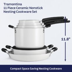 Tramontina Ceramic Non Stick 11-Piece Nesting Pots and Pans Set with Lids - Stackable Nonstick Cookware Set, Dishwasher and Oven Safe, White