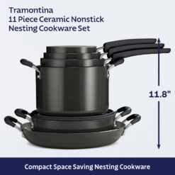 Tramontina Ceramic Non Stick 11-Piece Nesting Pots and Pans Set with Lids - Stackable Nonstick Cookware Set, Dishwasher and Oven Safe, Dark Gray