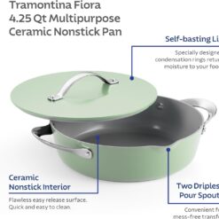 Tramontina Fiora 4.25-Quart Multipurpose Ceramic Non Stick Cooking Pan with Lid, Mint