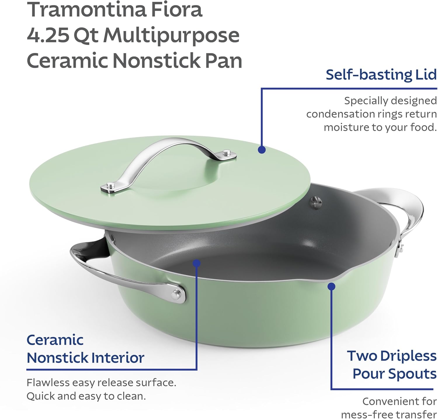 Tramontina Fiora 4.25-Quart Multipurpose Ceramic Non Stick Cooking Pan with Lid, Mint