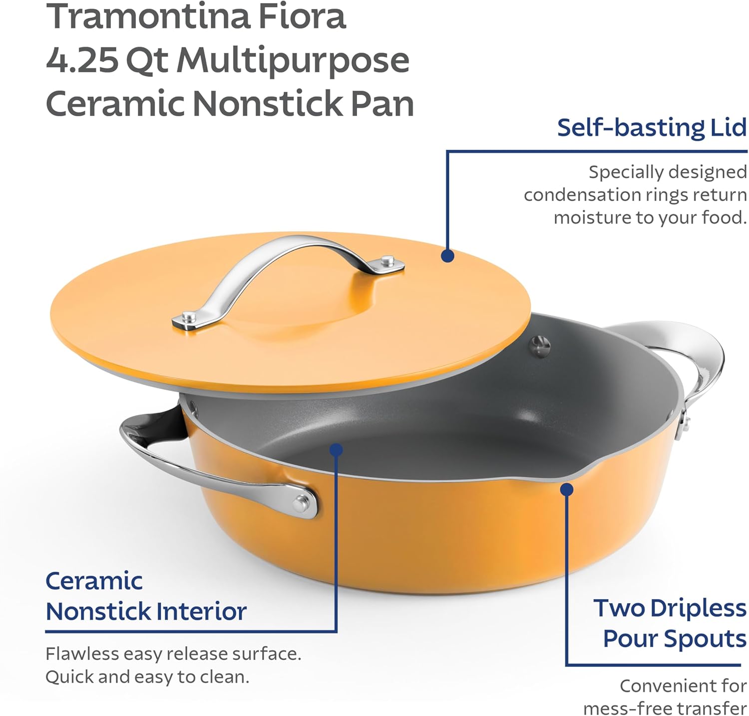 Tramontina Fiora 4.25-Quart Multipurpose Ceramic Non Stick Cooking Pan with Lid, Marigold