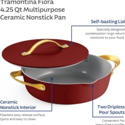 Tramontina Fiora 4.25-Quart Multipurpose Ceramic Non Stick Cooking Pan with Lid, Merlot