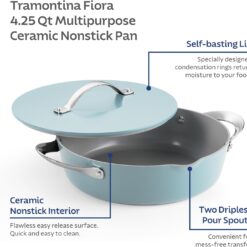 Tramontina Fiora 4.25-Quart Multipurpose Ceramic Non Stick Cooking Pan with Lid, Frost Blue