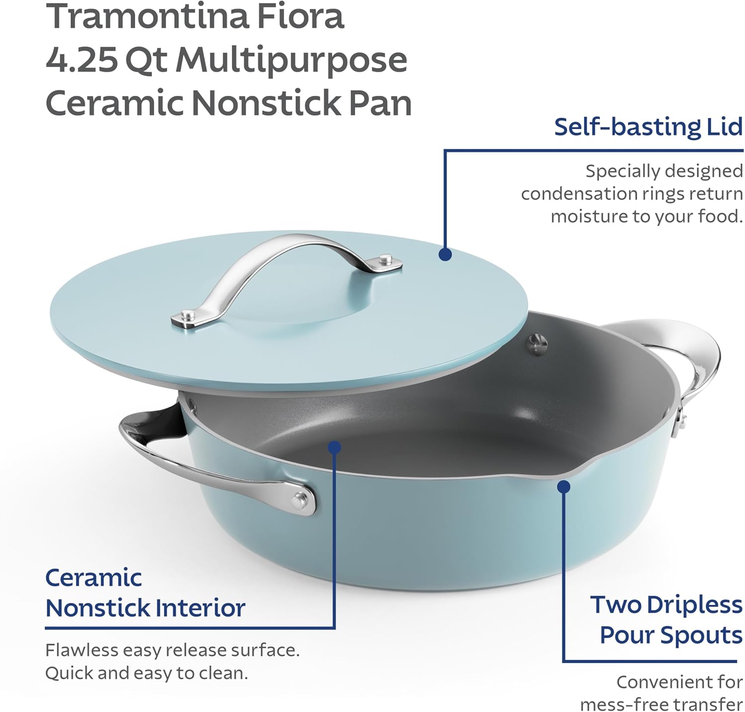Tramontina Fiora 4.25-Quart Multipurpose Ceramic Non Stick Cooking Pan with Lid, Frost Blue