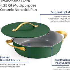 Tramontina Fiora 4.25-Quart Multipurpose Ceramic Non Stick Cooking Pan with Lid, Green