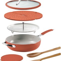 Tramontina Vue All-in-One Plus Pan Set, 5-Quart Ceramic Non Stick Cooking Pan with Glass Lid, Steamer Insert, Beechwood Utensils, Splatter Screen, Pot Holder, Orange