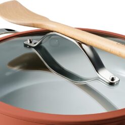 Tramontina Vue All-in-One Plus Pan Set, 5-Quart Ceramic Non Stick Cooking Pan with Glass Lid, Steamer Insert, Beechwood Utensils, Splatter Screen, Pot Holder, Orange
