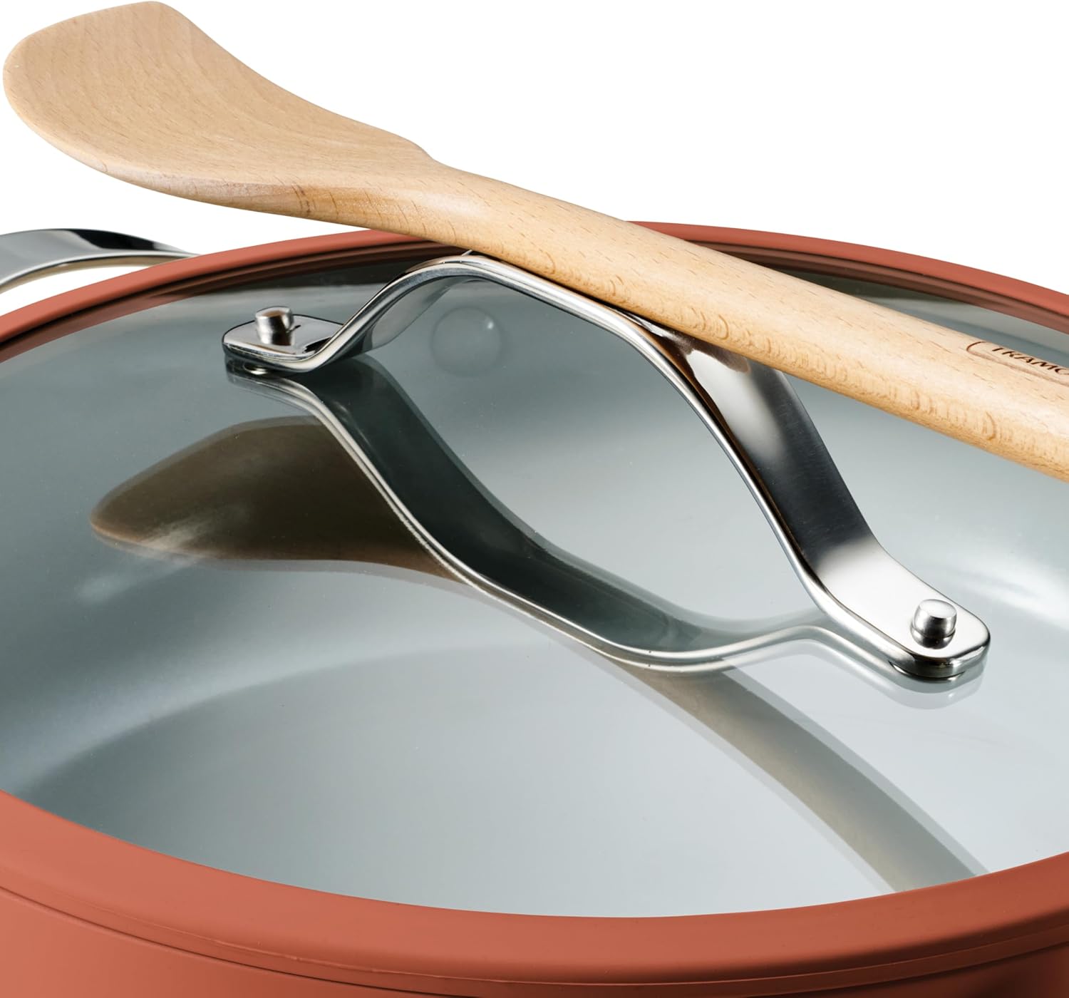 Tramontina Vue All-in-One Plus Pan Set, 5-Quart Ceramic Non Stick Cooking Pan with Glass Lid, Steamer Insert, Beechwood Utensils, Splatter Screen, Pot Holder, Orange
