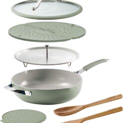 Tramontina Vue All-in-One Plus Pan Set, 5-Quart Ceramic Non Stick Cooking Pan with Glass Lid, Steamer Insert, Beechwood Utensils, Splatter Screen, Pot Holder, Green
