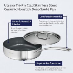 Tramontina Utsava Tri-Ply Clad Stainless Steel 2.9-Quart Saute Pan with Lid and Ceramic Non Stick Interior, Induction-Ready Cooking Pan