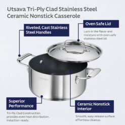 Tramontina Utsava Tri-Ply Clad Stainless Steel 5-Quart Casserole with Lid and Ceramic Non Stick Interior, Induction-Ready Dutch Oven Pot