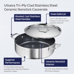Tramontina Utsava Tri-Ply Clad Stainless Steel 6.5-Quart Casserole with Lid and Ceramic Non Stick Interior, Induction-Ready Large Braiser Pan
